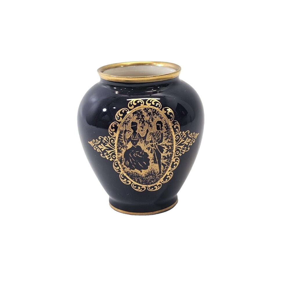 Vtg 70s Lindner Bavaria‎ Cobalt Etch Demitasse Mini Pot Bud Vase Vessel EUC